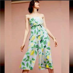 Anthropologie Strapless Jumpsuit with Leaf Print